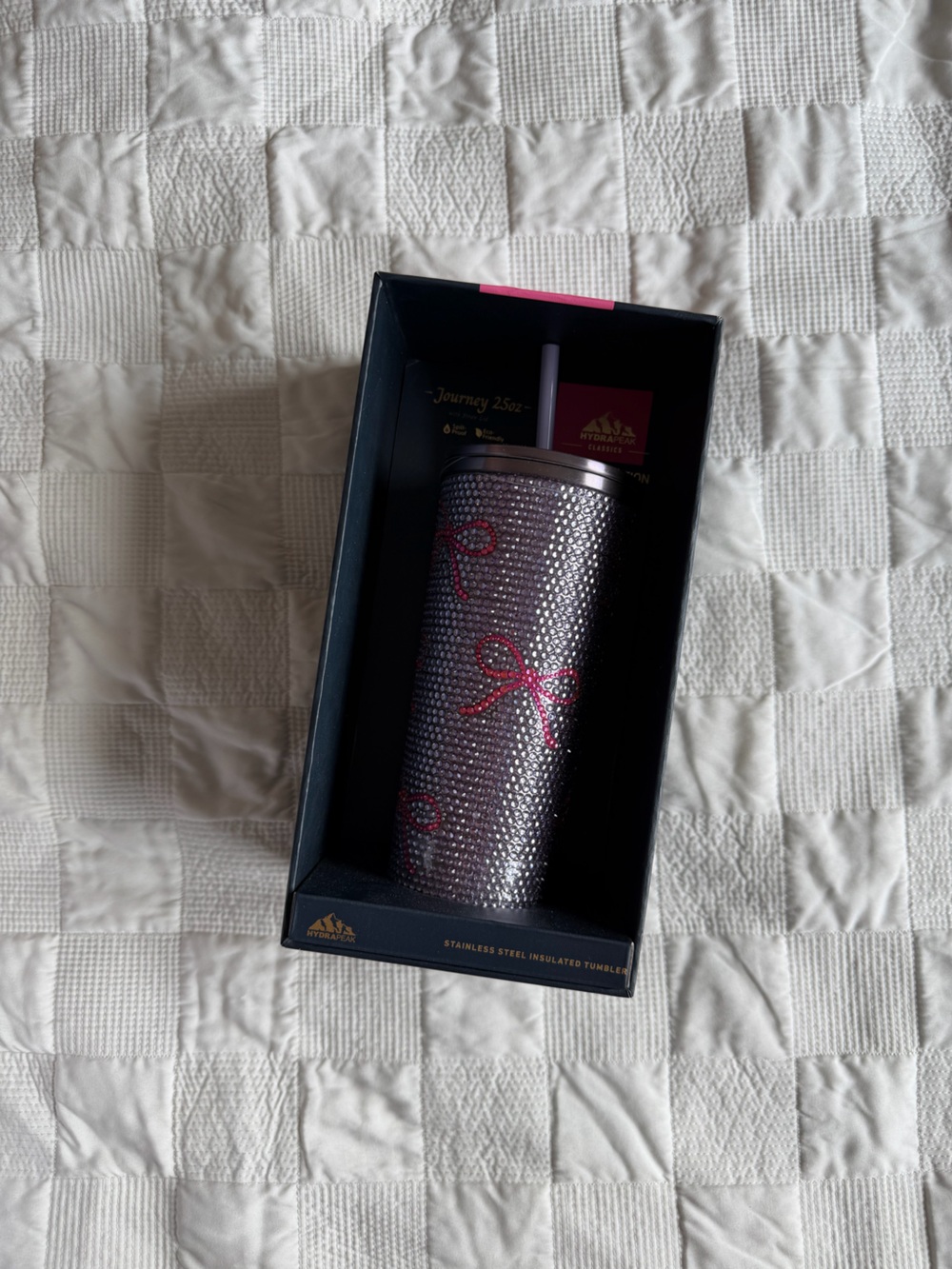 Crystal-Embellished Stainless Tumbler with Pink Bow Accents